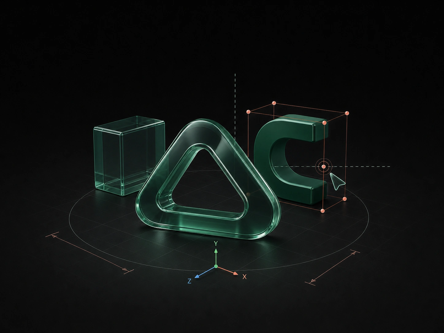 Glass letterforms showing editable three-dimensional typography