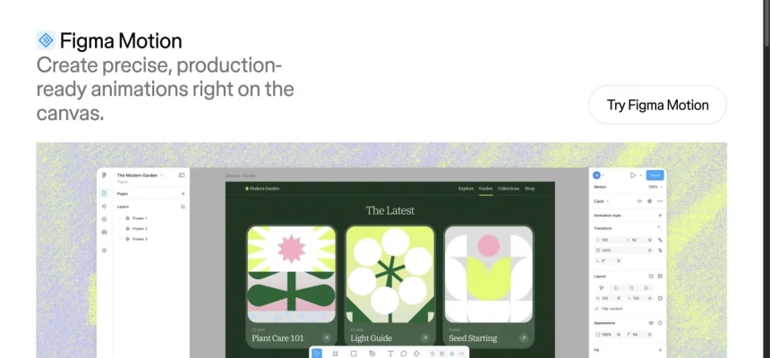 Figma Motion official product page showing its native canvas and timeline workflow